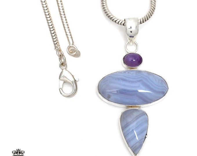 Blue Lace Agate 925 Sterling Silver Pendant & 3MM Italian 925 Sterling Silver Chain P6433
