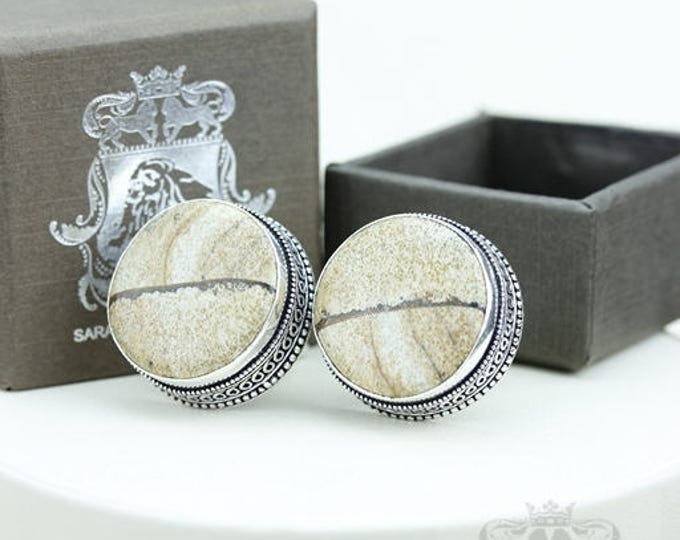 Vintage Filigree Antique 925 Sterling Silver Unisex Cufflink Men's cufflinks Picture Jasper Vintage Cufflinks  with Silver Polishing Cloth