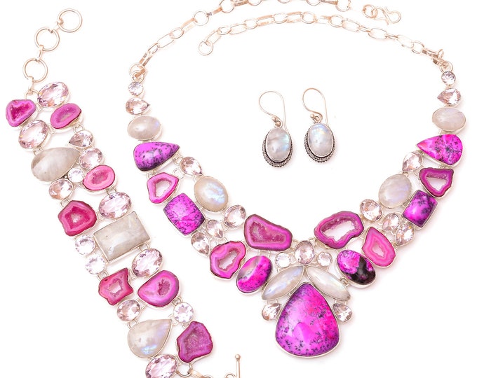 Pink Dendritic Opal Cobalto Calcite Drusy Fine 925 Sterling Silver Earrings Bracelet Necklace Set SET1231