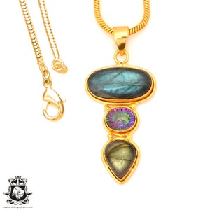 Pendentif en or 24 carats avec topaze mystique labradorite et chaîne serpent de 3 mm GP81