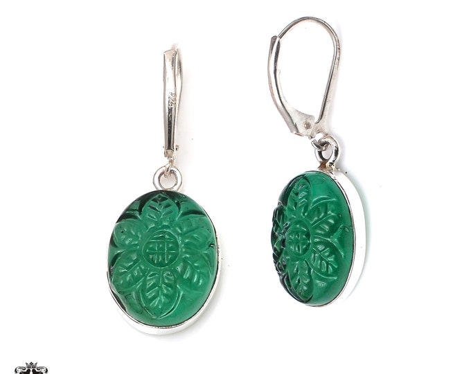 1.7 Inch Carved Aventurine 925 Sterling Silver Dangle & Drop Leverback Earrings E165