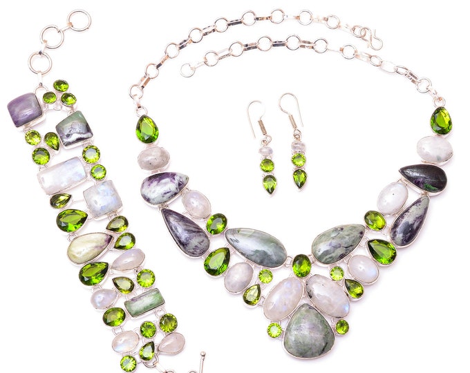 Kammererite Moonstone Peridot Fine 925 Sterling Silver Earrings Bracelet Necklace Set SET1196