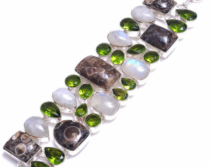 Turritella Jasper Moonstone Peridot 925 Sterling Silver Bracelet B4087