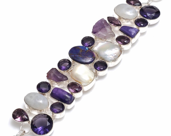 Amethyst Rough Charoite Pearl 925 Sterling Silver Bracelet B4099