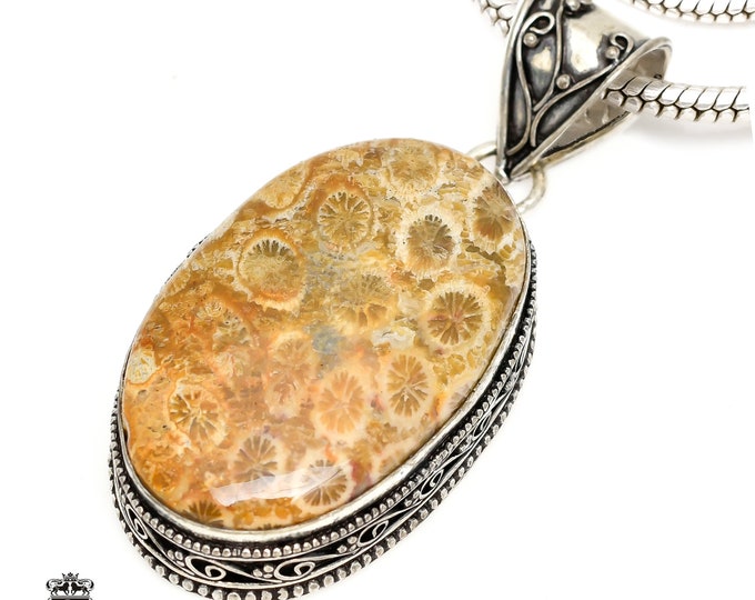 Fossilized Bali Coral Pendant & FREE 3MM Italian 925 Sterling Silver Chain V1396