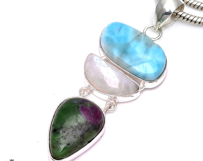 Larimar Moonstone Ruby Zoisite 925 Sterling Silver Pendant & 3MM Italian 925 Sterling Silver Chain P6631