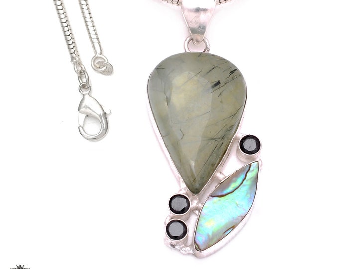 Aquamarine Black Sapphire Abalone Shell 925 Sterling Silver Pendant & 3MM Italian 925 Sterling Silver Chain Necklace P8043