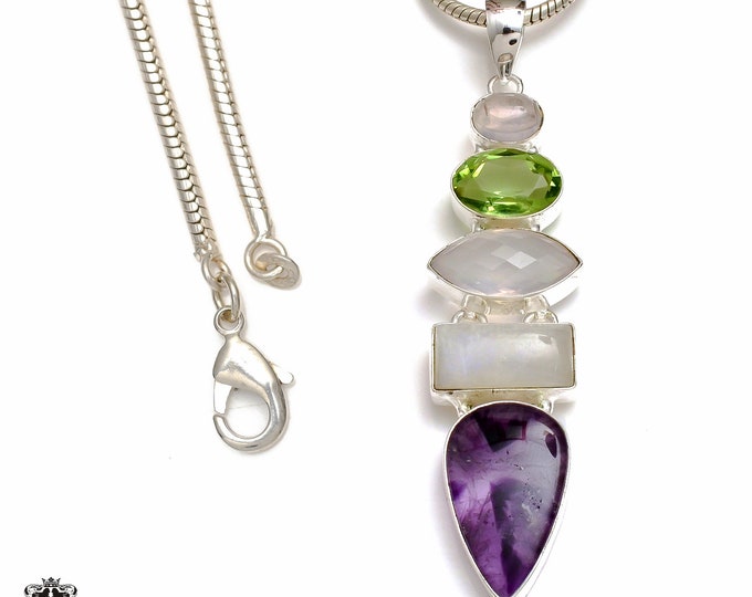 4 Inch Moonstone Amethyst Chakra 925 Sterling Silver Pendant & 3MM Italian 925 Sterling Silver Chain P8742