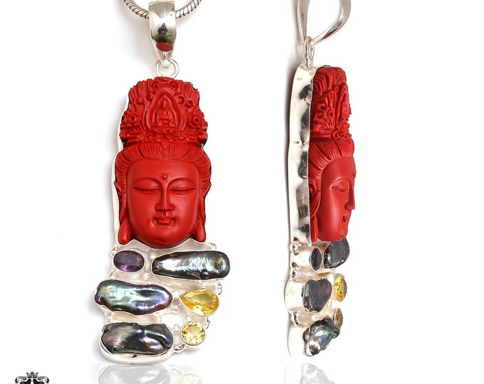 Meditation Zen Kwan Yin Guan Yin Pearl Gemstone Carving Pendant FREE 3MM Italian Snake Chain P9121