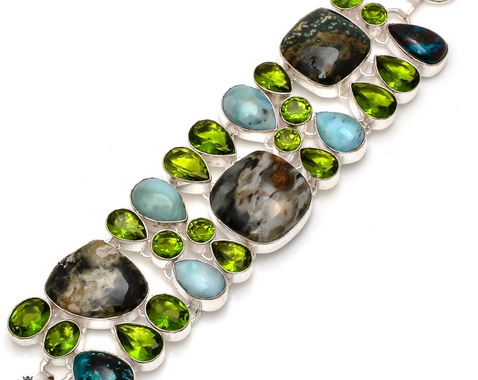 Ocean Jasper Larimar Peridot 925 Sterling Silver Bracelet B3741