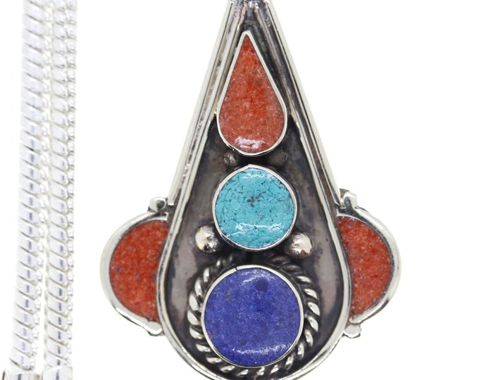 Lapis Coral Turquoise Tibetan Silver Pendant & FREE 3MM Italian 925 Sterling Silver Chain N6