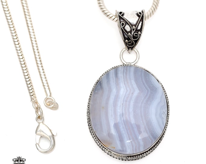 Namibian BLUE LACE Agate Pendant & FREE 3MM Italian 925 Sterling Silver Chain V554