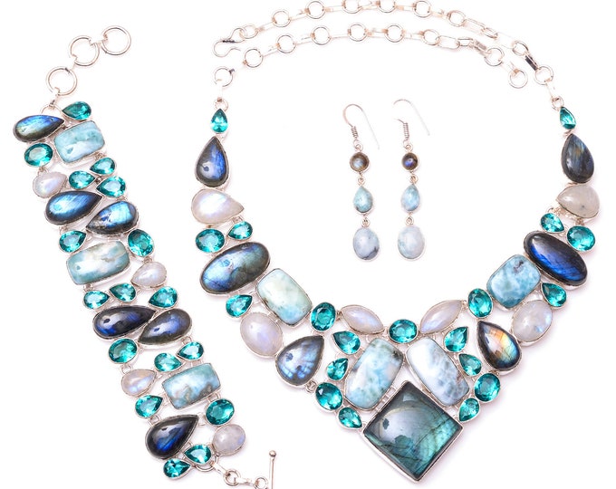 Labradorite Larimar Moonstone Fine 925 Sterling Silver Earrings Bracelet Necklace Set SET1190