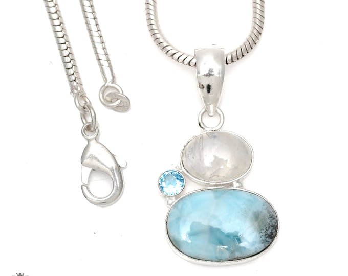 Larimar Moonstone Blue Topaz Sterling 925 Sterling Silver Pendant & 3MM Italian 925 Sterling Silver Chain P6473