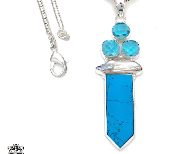 4 Inch Stabilized Reconstituted Turquoise Sterling Silver Pendant & FREE 3MM Italian 925 Sterling Silver Chain P7795