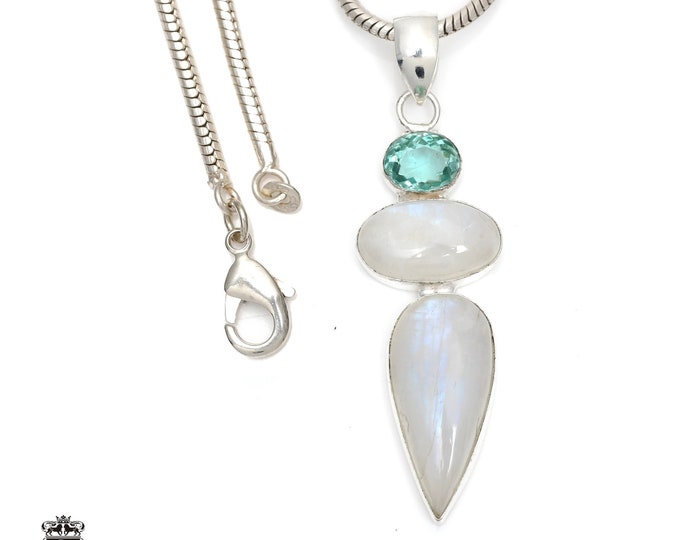 Moonstone Blue Topaz 925 Sterling Silver Pendant & 3MM Italian 925 Sterling Silver Chain P6413