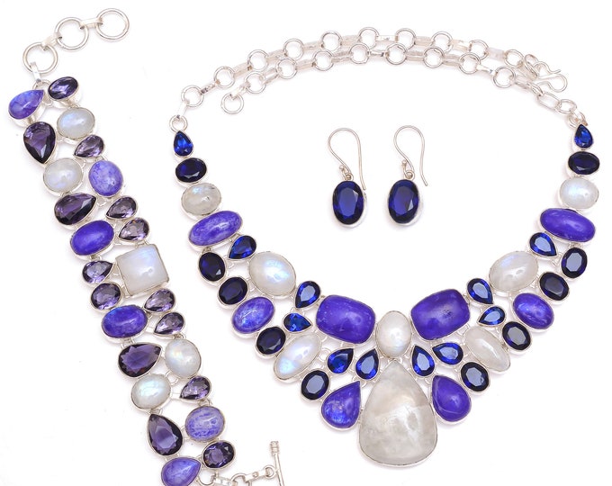 Bold! Neon Irradiated Moonstone Iolite Fine 925 Sterling Silver Necklace Bracelet Earrings SET1144