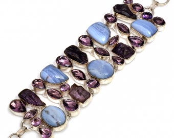 Owyhee Blue Opal Amethyst Healing Crystal Bracelet • Birthstone Bracelet • Meditation Bracelet • Silver Bracelet B3979