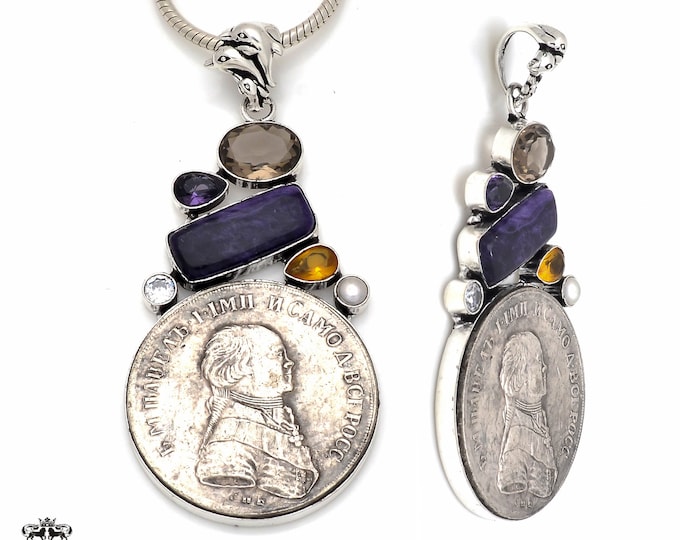 Charoite Reissued Russian Coin Gemstone Sterling Silver Pendant & FREE 3MM Italian 925 Sterling Silver Chain P8642