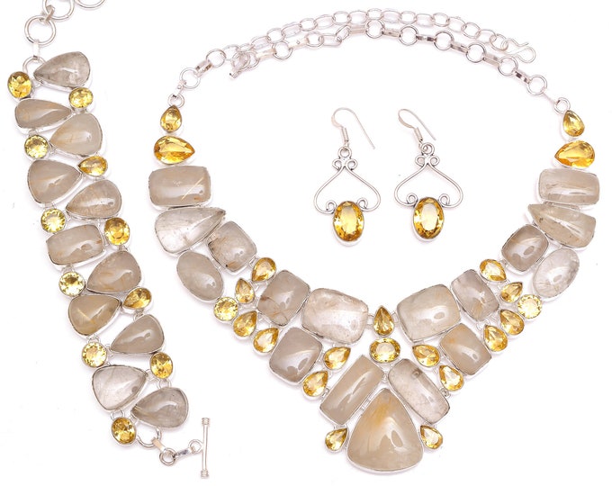 Classy Vibes! Perfect Grade AA Rutile Quartz Citrine Fine 925 Sterling Silver Necklace Bracelet Dangle & Drop Earrings SET1153