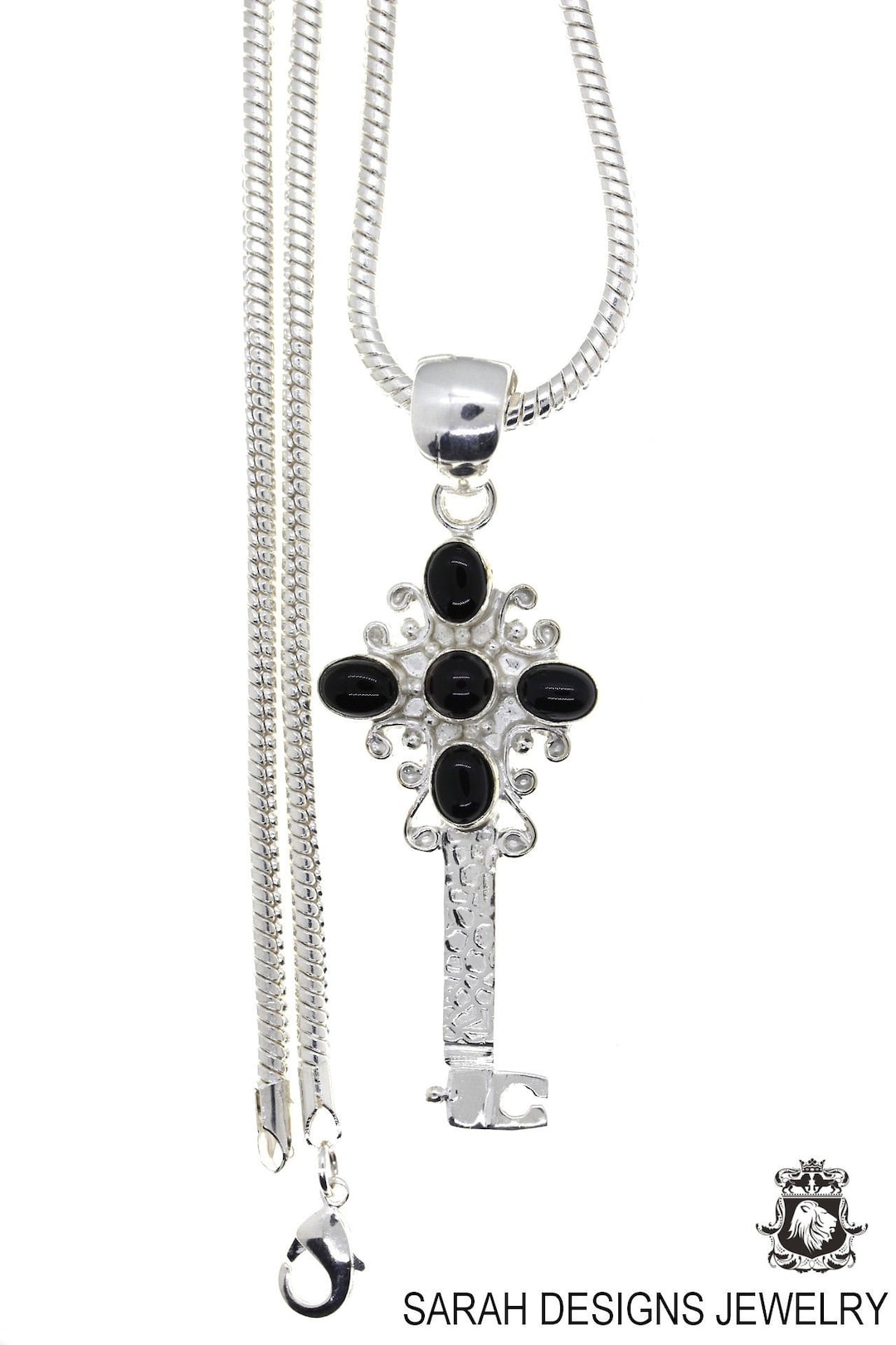 ブレスレット LESS IS MORE Onyx Antique Key Necklace Key Design Onyx 925 Sterling Silver Pendant & 3MM Italian