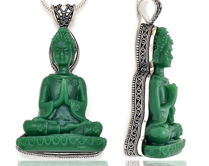 4 Inch Folding Hands Composite Jade Buddha Carving Pendant FREE 3MM Italian Snake Chain P8439