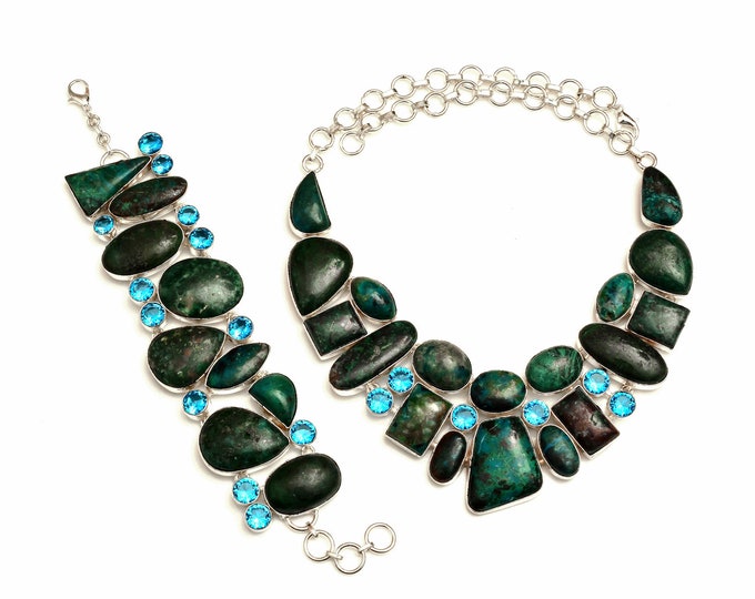 Azurite Malachite Shattuckite Fine Sterling Silver Necklace Bracelet Earrings SET970