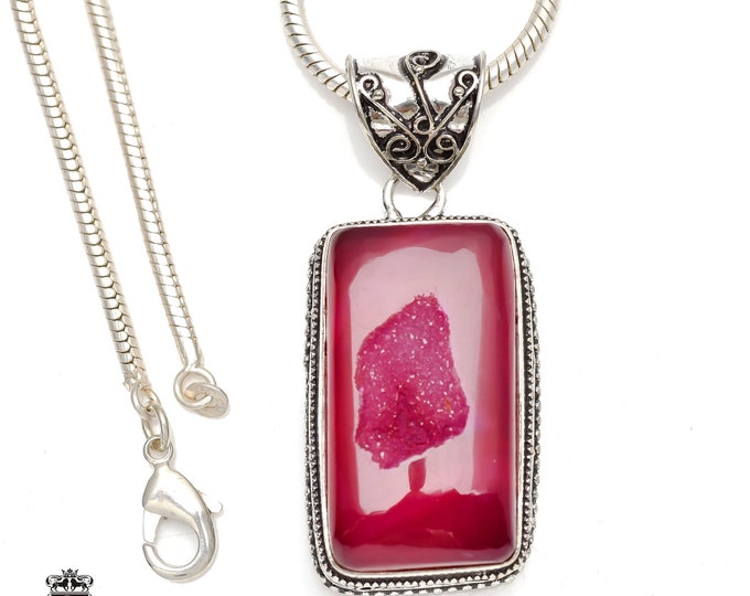 Pink Agate Geode Druzy Pendant & FREE 3MM Italian 925 Sterling Silver Chain V147