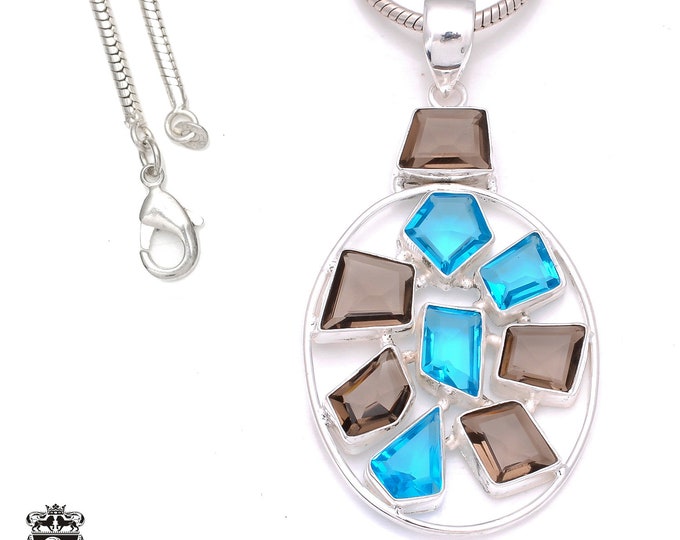 2.9 Inch London Blue Topaz Smokey Quartz 925 Sterling Silver Pendant & 3MM Italian 925 Sterling Sterling Silver Chain P8017