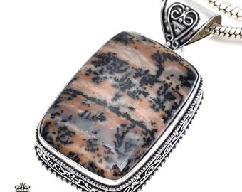 German Fossilized DENDRITE Agate Necklace & FREE 2MM Italian 925 Sterling Silver Chain V372