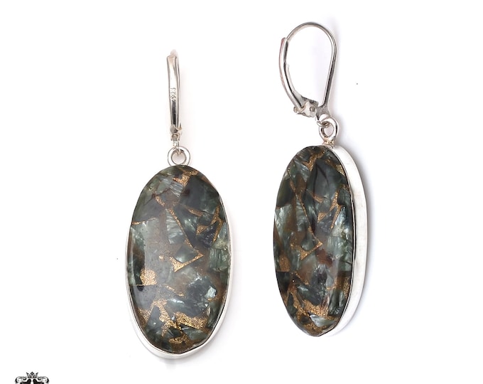 2 Inch Pyrite Seraphinite 925 Sterling Silver Dangle & Drop Leverback Earrings E176