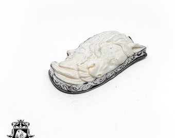 Pendentif Médaillon Hématite Sculpté Profil Alexandre Le Grand - Chaîne Argent 925, Occasion