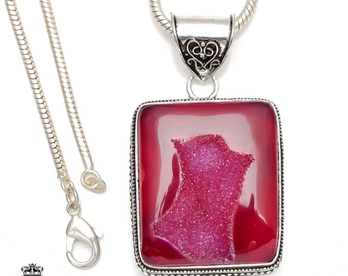 Pink Agate Geode Druzy Pendant & FREE 3MM Italian 925 Sterling Silver Chain V153