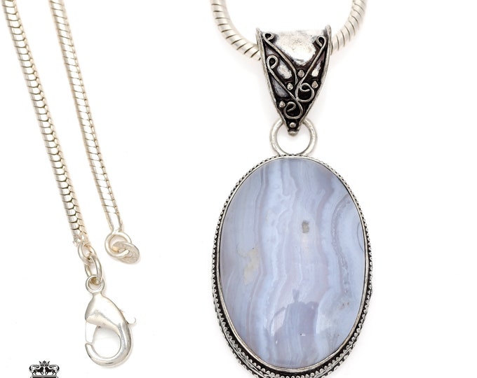 Namibian BLUE LACE Agate Pendant & FREE 3MM Italian 925 Sterling Silver Chain V545