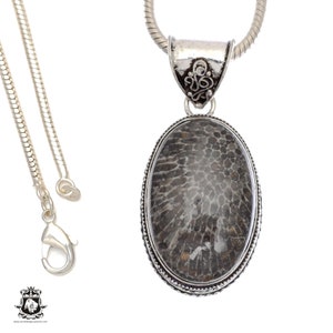 May include: A silver chain necklace with a pendant featuring a fossilized coral in a silver oval setting. The pendant has a detailed silver border and a silver bail.
