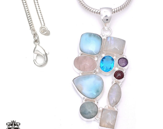 Rose Quartz Larimar 925 Sterling Silver Pendant & 3MM Italian 925 Sterling Silver Chain P7856