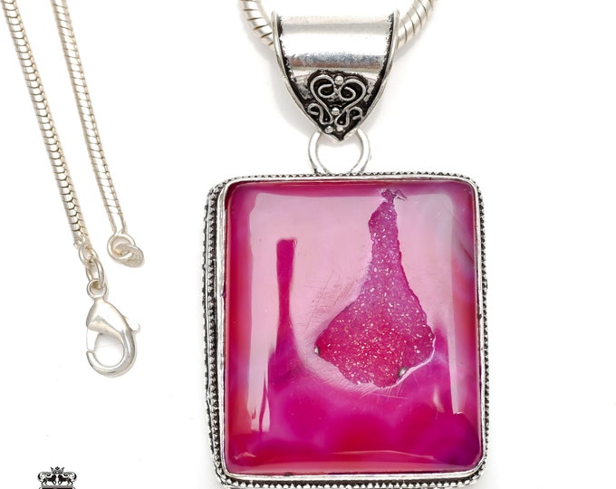Pink Agate Geode Druzy Pendant & FREE 3MM Italian 925 Sterling Silver Chain V143