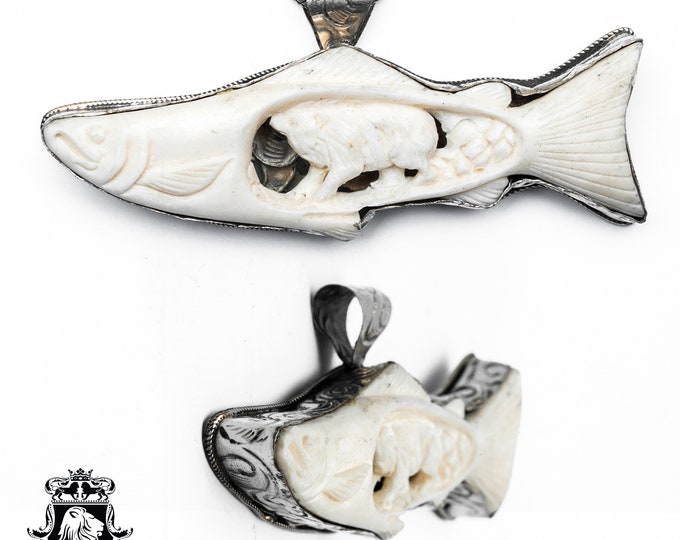 Bear in Salmon Belly Carving Pendant & FREE 3MM Italian 925 Sterling Silver Chain N473