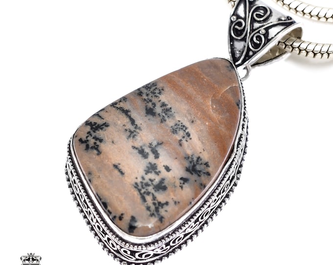 Fossilized DENDRITE Agate Pendant & FREE 3MM Italian 925 Sterling Silver Chain V380