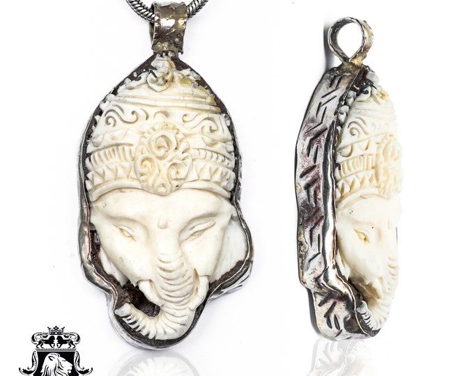 Ganesha with Helmet Carving Pendant & FREE 3MM Italian 925 Sterling Silver Chain N120