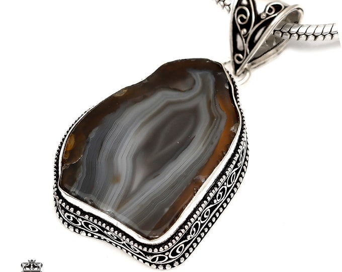 Banded BOTSWANA Agate STALACTITE Pendant & FREE 3MM Italian 925 Sterling Silver Chain V1673