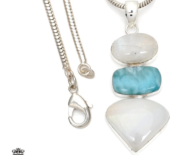 Moonstone Larimar 925 Sterling Silver Pendant & 3MM Italian 925 Sterling Silver Chain P6401