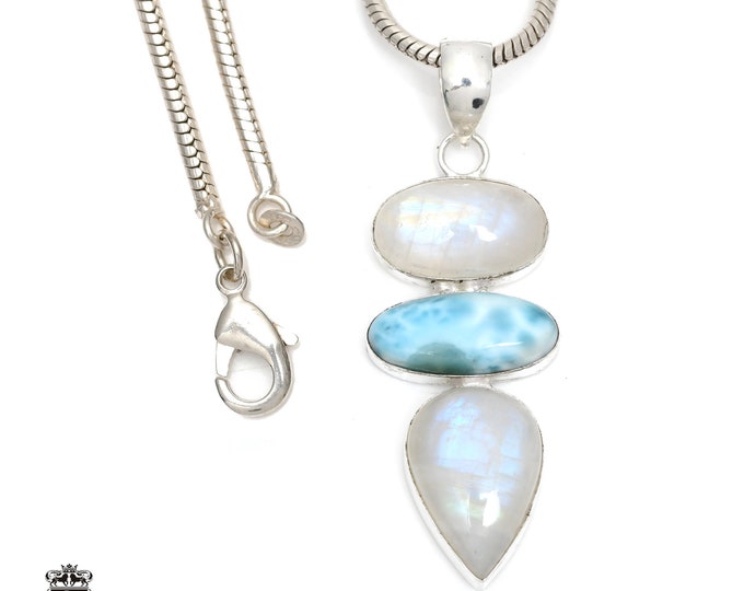 Larimar Moonstone 925 Sterling Silver Pendant & 3MM Italian 925 Sterling Silver Chain P6405