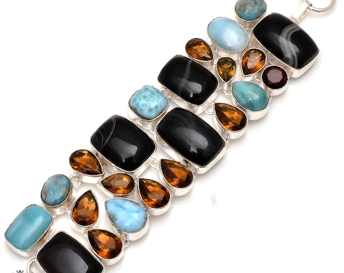 Banded Agate Champagne Citrine Larimar 925 Sterling Silver Bracelet B3730