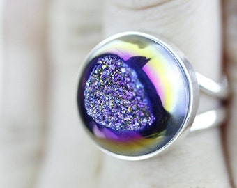 Size 7 TITANIUM WINDOW DRUSY Druzy Fine 925 Sterling Silver Ring (Nickel Free) r1172