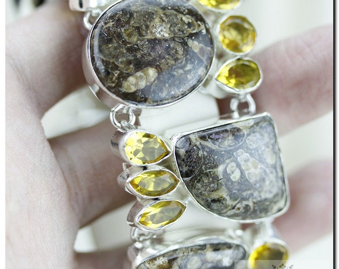 Turritella AGATE FOSSIL Citrine 925 Sterling Silver Bracelet B1220