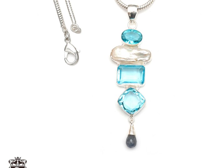 Blue Topaz 925 Sterling Silver Pendant & 3MM Italian 925 Sterling Silver Chain P9387