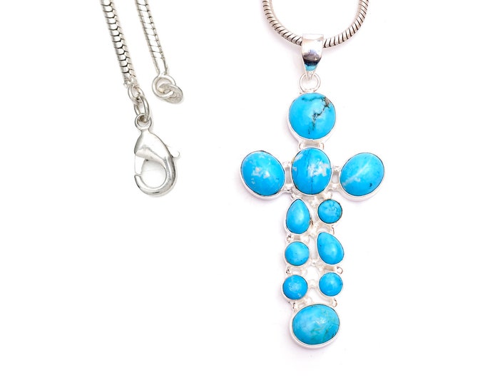 Share the love! Turquoise Cross 925 Sterling Silver Pendant & 3MM Italian 925 Sterling Silver Chain P9504