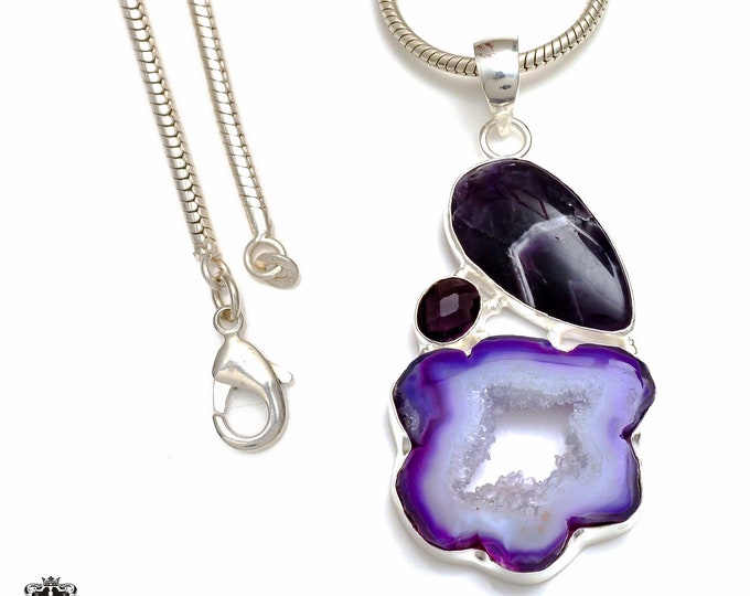 3 Inch Stalactite Chevron Amethyst 925 Sterling Silver Pendant & 3MM Italian 925 Sterling Silver Chain P8768