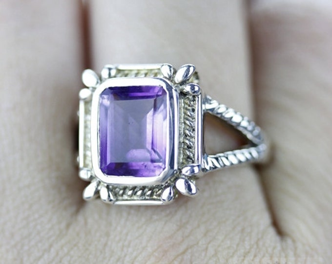 Size 7 RADIANT CUT AMETHYST Fine 925 Sterling Silver Ring (Nickel Free) r793